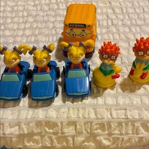 Colorful Cartoon Character Playset with Blue Cars and Orange School Bus